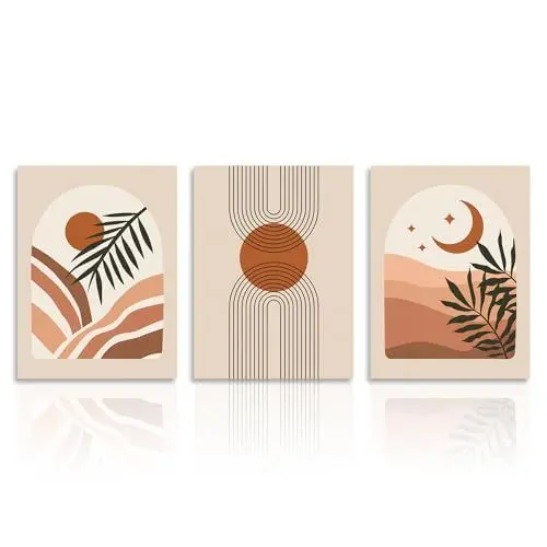 Produktbild: Dazzlewall Boho Abstrakte Wandbilder Sonne Mond Salbei Grün Geometrische Linie Leinwand Bilder für Schlafzimmer Wohnzimmer Deko 30x40 cm 3er Set Ohne Rahmen