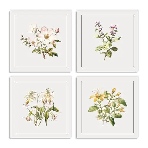 Produktbild: Dazzlewall Boho Blumen Wandbilder Modern Minimalistisches Botanisches Leinwand Bilder für Schlafzimmer Wohnzimmer Deko 30x30 cm 4er Set Ohne Rahmen