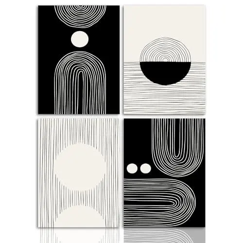Produktbild: Dazzlewall Boho Schwarze und Weiße Wandbilder Abstrakte Geometrische Linie Leinwand Bilder für Schlafzimmer Wohnzimmer Deko 30x40 cm 4er Set Ohne Rahmen