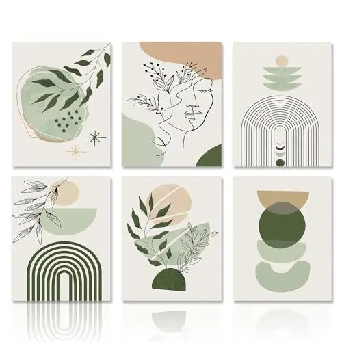 Produktbild: Dazzlewall Salbeigrünes Boho Leinwand Bilder, Minimalistisches Abstraktes Geometrisches Kunstdrucke Wandposter für Schlafzimmer Wohnzimmer Dekor 20x25 cm Ohne Rahmen 6er Set