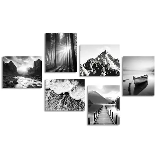 Produktbild: Dazzlewall Schwarz und Weiß Wandbilder Moderne Berg Natur Landschaften Leinwand Bilder für Schlafzimmer Wohnzimmer Deko 20x25 cm Ohne Rahmen 6er Set