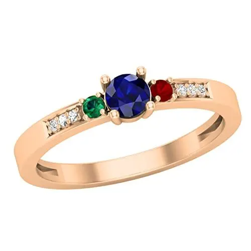 Produktbild: Dazzlingrock Collection 4 mm großer runder blauer Saphir, 2 mm runder Smaragd und Rubin mit natürlichem weißen Diamanten und 3 Steinen, Verlobungsring für Damen, 14 Karat Rotgold, Größe 10, Roségold