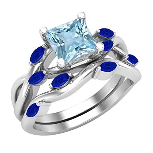 Produktbild: Dazzlingrock Collection 6 mm Prinzessin Aquamarin und Marquiseschliff blauer Saphir Criss Cross Ring mit passendem Band für Frauen in 925 Sterling Silber, Größe 8, 8, Sterling Silber Aquamarin Blauer