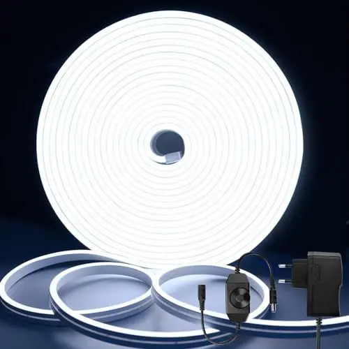 Produktbild: DBFAIRY 10M LED Strip, 24V Neon LED Streifen Dimmbar, IP65 Wasserdicht LED Lichtband 6500K, Silikon Flexibel LED Streifen Aussenbereich für Wohnzimmer, Schlafzimmer Heim Deko (Kaltweiß)