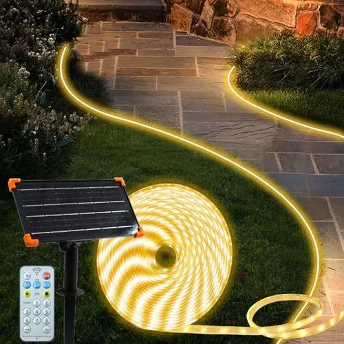 Produktbild: DBFAIRY 15M Solar Strip Außen, 540 Streifen, IP68 Wasserdicht Solar LED Band mit Fernbedienung Timer, LED Strip für Garten, Terrasse, Balkon Deko (Warmweiß)