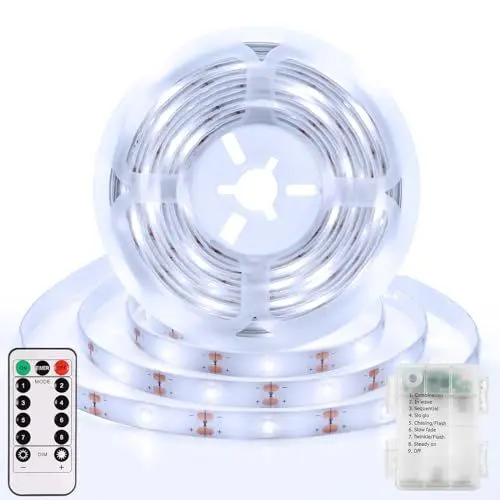 Produktbild: DBFAIRY 3 Meter LED Streifen mit Batterie, 90 LED Strip Batteriebetrieben mit Fernbedienung Timer, LED Lichtband für Schlafzimmer Zuhause Dekoration (Weiß)