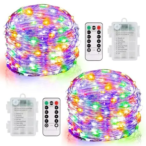 Produktbild: DBFAIRY Lichterkette Batterie, 2x10M 100 LED Lichterkette Batterie mit Fernbedienung 8 Modi und Timer, Wasserdicht Lichterkette Draht für Innen Außen Party Hochzeit Weihnachten Deko (Mehrfarbige)