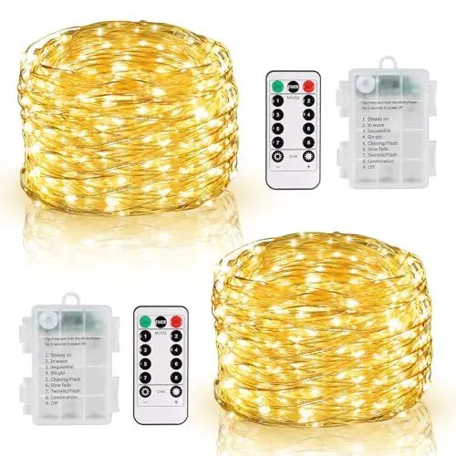 Produktbild: DBFAIRY Lichterkette Batterie, 2x10M 100 LED Lichterkette Batterie mit Fernbedienung 8 Modi und Timer, Wasserdicht Lichterkette Draht für Innen Außen Party Hochzeit Weihnachten Deko (Warmweiß)