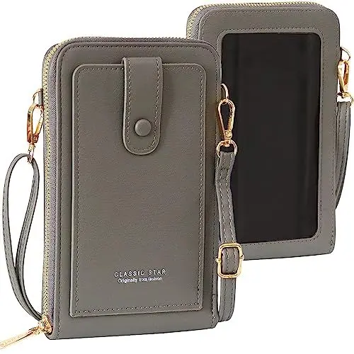 Produktbild: DBPBToU Handytasche zum Umhängen Damen Kleine Handtasche Damen Klein mit Geldbörse, Handytasche mit Touchscreen-Fenster und Portemonnaie für Handys bis zu 6,9 Zoll (Grau)