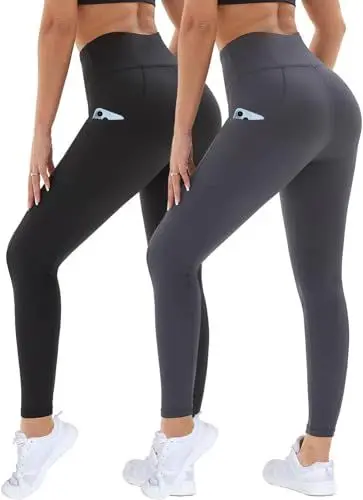 Produktbild: DDOBB 2er Pack Sport Leggings Damen High Waist Sportleggins Damen Lang Mit Taschen Gym Leggins Blickdicht Schwarz Sporthose Elastische Bauchweg Yogahose Fitness Laufhose(Schwarz+Dunkelgrau,S-M)