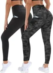 Produktbild: DDOBB 2er Pack Sport Leggings Damen High Waist Sportleggins Damen Lang Mit Taschen Gym Leggins Blickdicht Schwarz Sporthose Elastische Bauchweg Yogahose Fitness Laufhose(Schwarz+Schwarz Bedruck,S-M)