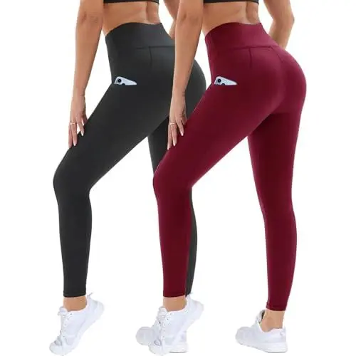 Produktbild: DDOBB 2er Pack Sport Leggings Damen High Waist Sportleggins Damen Lang Mit Taschen Gym Leggins Blickdicht Schwarz Sporthose Elastische Bauchweg Yogahose Fitness Laufhose(Schwarz+Weinrot,S-M)