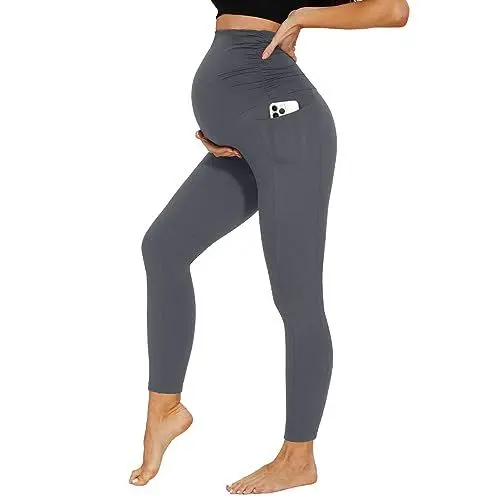 Produktbild: DDOBB Damen Umstandsleggings mit Taschen High Waist Umstandshose Blickdichte Schwangerschaftsleggings Weich Elastisch Umstandsmode Zuhause Yoga Sport(Dunkelgrau, M)