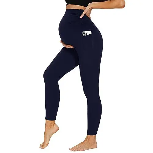 Produktbild: DDOBB Damen Umstandsleggings mit Taschen Schwangerschaftsleggings High Waist Umstandshose Blickdichte Weich Elastisch Umstandsmode Zuhause Yoga Sport(Navy, M)