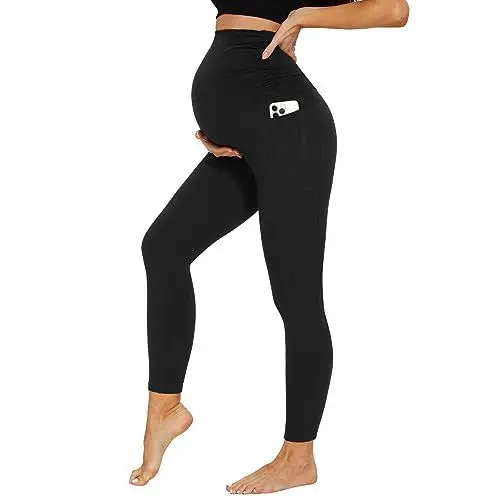 Produktbild: DDOBB Damen Umstandsleggings mit Taschen High Waist Umstandshose Blickdichte Schwangerschaftsleggings Weich Elastisch Umstandsmode Zuhause Yoga Sport(schwarz, L)