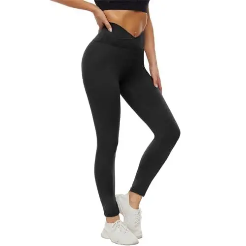 Produktbild: DDOBB Leggings Damen High Waist Sportleggins Lang Schwarz Leggins Blickdicht Bauchweg Sporthose Elastisch Yogahose Gym Festival Outfit(#02-Schwarz-V Cross, (DE34-40)=S-M)
