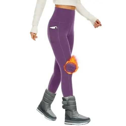 Produktbild: DDOBB Sport Leggings Damen High Waist Mit Taschen Bauchweg Sportleggins Gym Sporthose Leggins Blickdichte Lang Po Push Up Laufhose Yoga Hosen(Gefütterte-Violett,L)