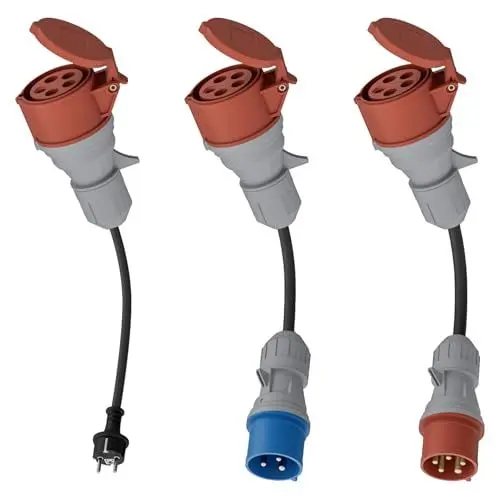 Produktbild: dé Adapterset CEE 32A 5-Poliger für Mobile Wallbox/EV Ladegerät/Ladestation an CEE Rot 16A/ CEE Blau 16A/ 230V Haushaltssteckdose mit 0,5m Gummikabel H07RN-F 3G2.5mm² IP44 Außeneinsatz