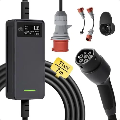 Produktbild: dé Mobile Wallbox 11kW |3-phasig|7m|6-16A |Einstellbare Ladeleistung|, Ladekabel CEE 16a auf Typ 2 und Mobile Ladestation 11kW für ID.3, ID.4, ID.5, Model Y, Model 3, e-up, e-tron andere EV