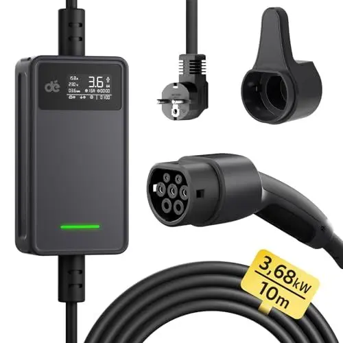 Produktbild: dé Typ 2 Ladekabel Schuko für Elektroauto - Ladekabel Elektroauto Typ 2 Schuko 3,68kW (1-phasig, 10m, 6-16A) mit Steuerbarer Digitalanzeige - EV Charger für GLA, X3, ZOE, ID.3, ID.4 und mehr PHEV/EV