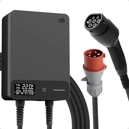 Produktbild: dé Typ 2 Wallbox 22kW mit APP und RFID, 6-32A 3-Phasen EV-Ladegerät 400V mit 7,5m Ladekabel und Kabelhalter für BEV/PHEV, RCD Typ-B & IP54-Schutz, effiziente Ladestation für Zuhause, schwarz