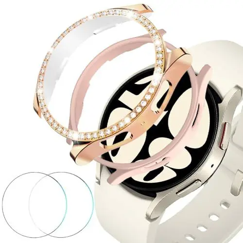 Produktbild: DEALELE (2+2 PACK Gehäuse Gehärtetem Glas Kompatibel mit Samsung Galaxy Watch 6 40mm, Glitzer Strass + PC Matte Schutzhülle + Gehärtetem Glas Displayschutz, Roségold + Roségold