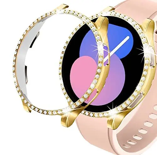 Produktbild: DEALELE (2-PACK Uhrengehäuse Kompatibel mit Samsung Galaxy Watch FE / 5/4 40mm, Bling Einzelne-Reihe Diamant PC Schutzhülle Ersatz Uhrenbezug Stoßstange (40mm, Gold + Transparent)