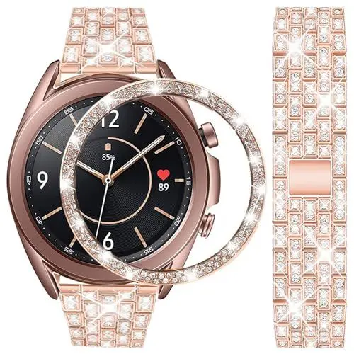 Produktbild: DEALELE Armband Kompatibel mit Samsung Galaxy Watch 3 41mm, 20mm Luxus Diamant Edelstahl Metall Uhrenarmbänder mit Strass Lünette Ring Schutzhülle Ersatz für Damen Herren, Roségold
