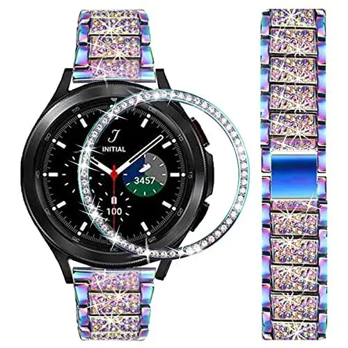 Produktbild: DEALELE Armband Kompatibel mit Samsung Galaxy Watch 4 Classic (46mm), 20mm Luxus Diamant Metall Armbänder mit Strass Watch Face Bezel Ring Schutzhülle Ersatz für Damen Herren, Regenbogen