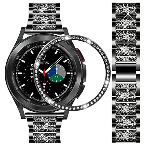 Produktbild: DEALELE Armband Kompatibel mit Samsung Galaxy Watch 4 Classic (46mm), 20mm Luxus Diamant Metall Armbänder mit Strass Watch Face Bezel Ring Schutzhülle Ersatz für Damen Herren, Schwarz