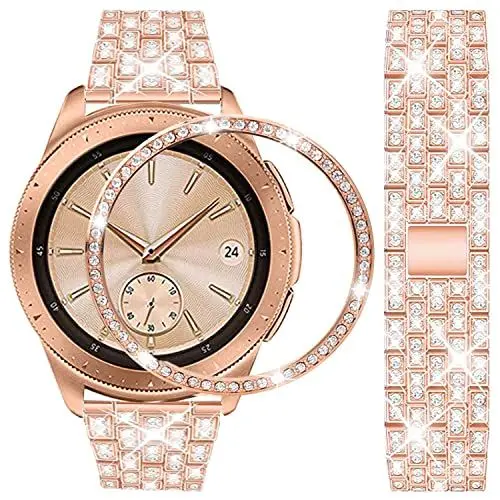 Produktbild: DEALELE Armband Kompatibel mit Samsung Gear Sport/Galaxy Watch 42mm / Galaxy Watch 4 Classic (42mm), 20mm Luxus Strass Diamant Metall Armbänder mit Bezel Ring Schutzhülle Ersatz bänder, Roségold