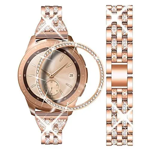 Produktbild: DEALELE Kompatibel mit Samsung Galaxy Watch 4 Classic 42mm / Galaxy Watch 42mm / Gear Sport, 20mm Glänzend Strass Diamant Metall Armband mit Bezel Ring Schutzhülle Ersatz für Damen Herren, Roségold