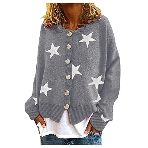 Produktbild: Deals Of The Day, Daunenjacke Sale, Outdoor Jacken Für Damen Winter Star Printing Langarm O-Neck Pullover Cropped Button Pullover Tops Langarm Pullover Damen, Damen Jacken Winter Sale Günstig