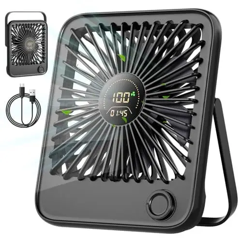 Produktbild: Dealswin Tischventilator Sehr Leise Stufenlos 1-100 Regler mit LED-Anzeige USB Ventilator Kleiner Tragbarer 3600mAh Akku Mini Ventilator für Schlafen, Büro, Heim, Im Freien, Küche, Reisen（Schwarz）