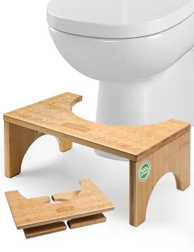 Produktbild: DEANIC Toilettenhocker Erwachsene, 100% Natürlicher Bambus Klohocker, Kackhocker mit Anti-Rutsch-Pads, 18cm Höhe WC Hocker für Badezimmer, Toilet Stool Klappbar Entlastung Verstopfung, Blähungen