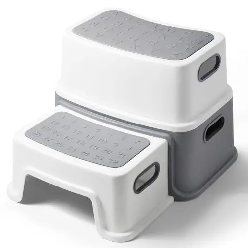 Produktbild: DEANIC Tritthocker Kinder, Kinderhocker Hocker Bad 2 Stufen, Klohocker WC Toilette ab 1 Jahr, Anti-Kipp und Anti-Rutsch Badhocke Badezimmer Baby Toiletten (Grau)