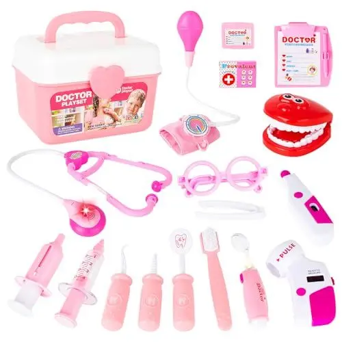Produktbild: deAO 2-in 1 Arzt-und Zahnarztspielset für Kinder: Tragetasche, Kinderarzt & Krankenschwester, inklusive 17 Accessoires mit Lichtern und Sounds