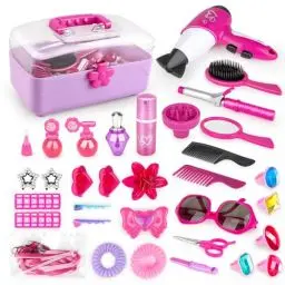 Produktbild: deAO 34-teiliges Friseur- und Glamour-Schminkkoffer, Spielset, Make-up-Zubehör, Pretend Schmuck, Lockenstab und Spielzeug-Haartrockner inklusive, Rosa