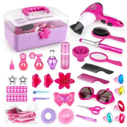 Produktbild: deAO 34-teiliges Friseur- und Glamour-Schminkkoffer, Spielset, Make-up-Zubehör, Pretend Schmuck, Lockenstab und Spielzeug-Haartrockner inklusive, Rosa