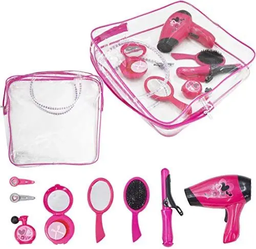 Produktbild: deAO Friseur- und Schminktasche, Beauty-Set für Mädchen, Styling, Make-up und Haar-Accessoires, Spielset inkl. Spiel-Haartrockner und Lockenwickler