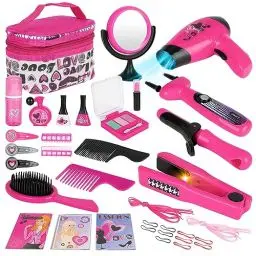 Produktbild: deAO Friseur- und Schminktaschen-Beauty-Set für Mädchen, Styling, Make-up-Accessoires, Spielset, inkl. Flechtmaschine und Haartrockner