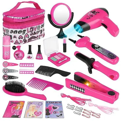Produktbild: deAO Friseur- und Schminktaschen-Beauty-Set für Mädchen, Styling, Make-up-Accessoires, Spielset, inkl. Flechtmaschine und Haartrockner