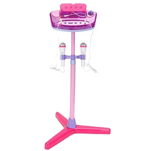 Produktbild: deAO Karaoke-Set mit Zwei Mikrofonen, Verstärker, integrierter MP3-Klinkenstecker und Kontrollleuchten (Rosa)