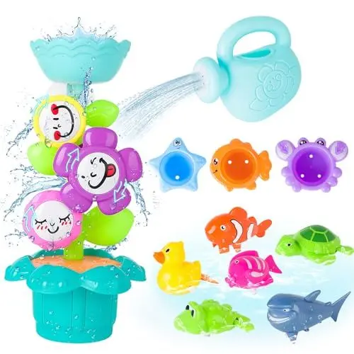 Produktbild: deAO Kinder-Badespielzeug, lustiges Blumen-Sprinkler-Spielzeug mit Gießkanne, Wasserrad und farbigen stapelbaren Bechern·· aufziehbares Tier-Badespielzeug und Netz-Badespielzeug-Aufbewahrungstasche