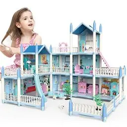 Produktbild: deAO Puppenhaus– 3-stöckiges DIY Rollenspiel-Spielset, Puppenhaus-Zubehör und Möbel, Geschenk für 6 7 8 9 Mädchen Kleinkinder (ROSA)