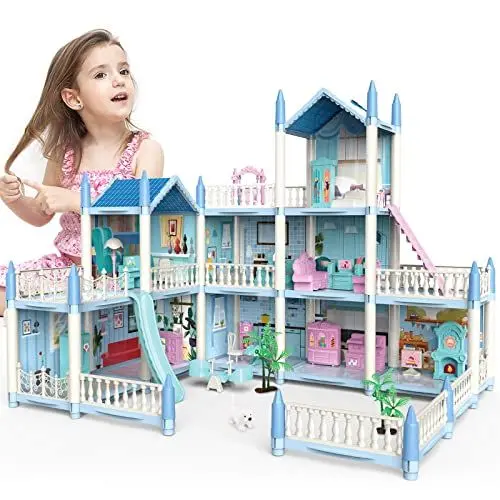 Produktbild: deAO Puppenhaus– 3-stöckiges DIY Rollenspiel-Spielset, Puppenhaus-Zubehör und Möbel, Geschenk für 6 7 8 9 Mädchen Kleinkinder (ROSA)