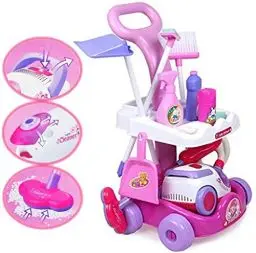 Produktbild: deAO Putzwagen für Kinder, Besenwagen mit Heimspielzeug Zubehör inkl. Kinderstaubsauger mit Saug, Besen u.v.m. Heimspielzeug Reinigungswagen ab 2 3 für Geburtstage, als Weihnachtsgeschenk