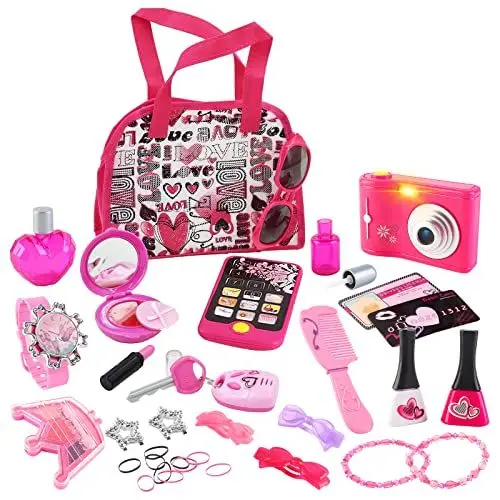 Produktbild: deAO Schminktasche Beauty-Set für Mädchen, 33 Teilige Kinder Schminkset Make Up Spielzeug mit Handtasche, Kamera, Handy, Prinzessinnen-Set für Mädchen