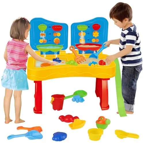 Produktbild: deAO Wasser- und Sandspieltisch für Kinder, Outdoor-Tisch mit Doppelfächern, enthält viele Zubehörteile und Spielzeugdeckel für Jungen und Mädchen