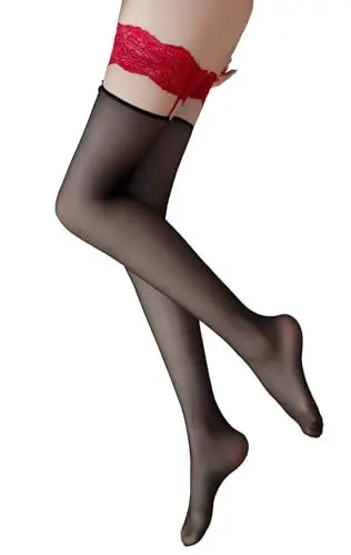Produktbild: DEARAIMILI Damen Bogenknoten Oberschenkelhohe Strümpfe mit Silikon Sheer Spitze Sling Bleib Wach Strumpfhosen,S-L